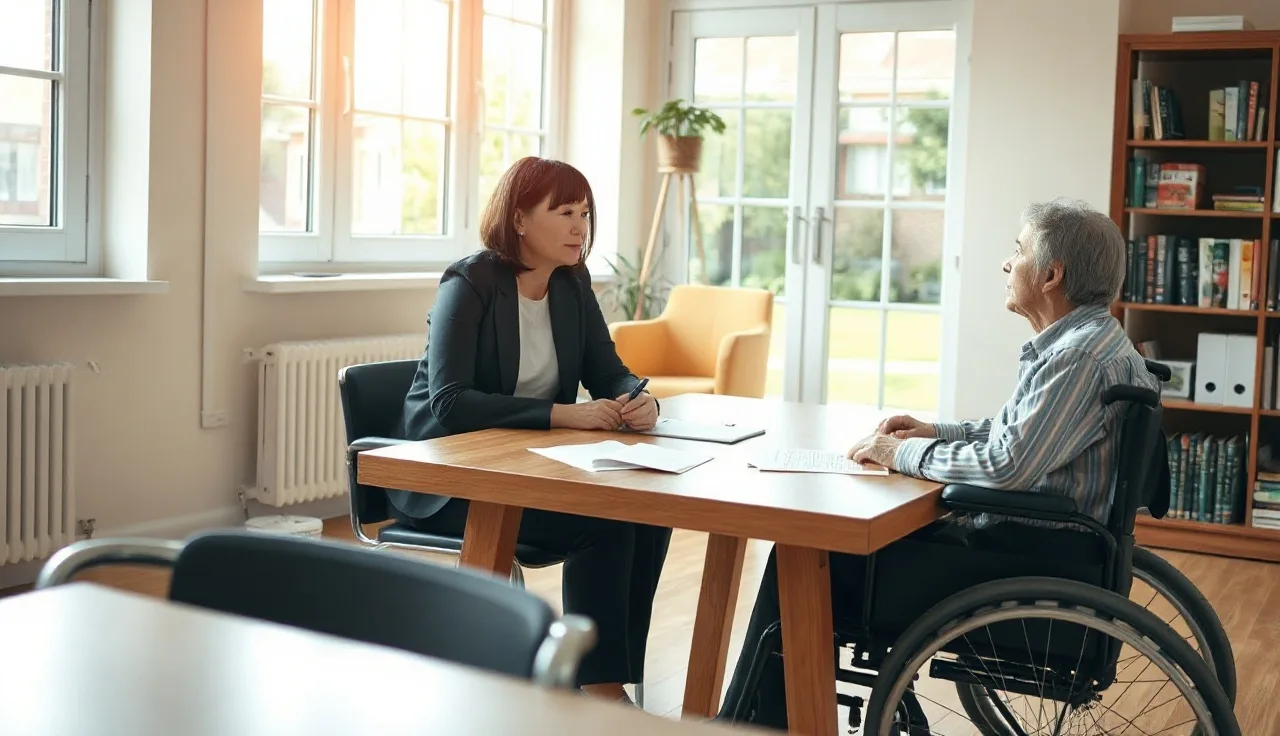 Caseworker and wheelchair user reviewing disability housing paperwork at a sunlit table