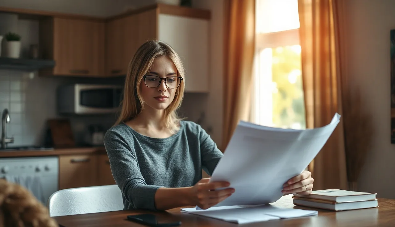 Woman reviewing housing assistance paperwork at kitchen table in apartment