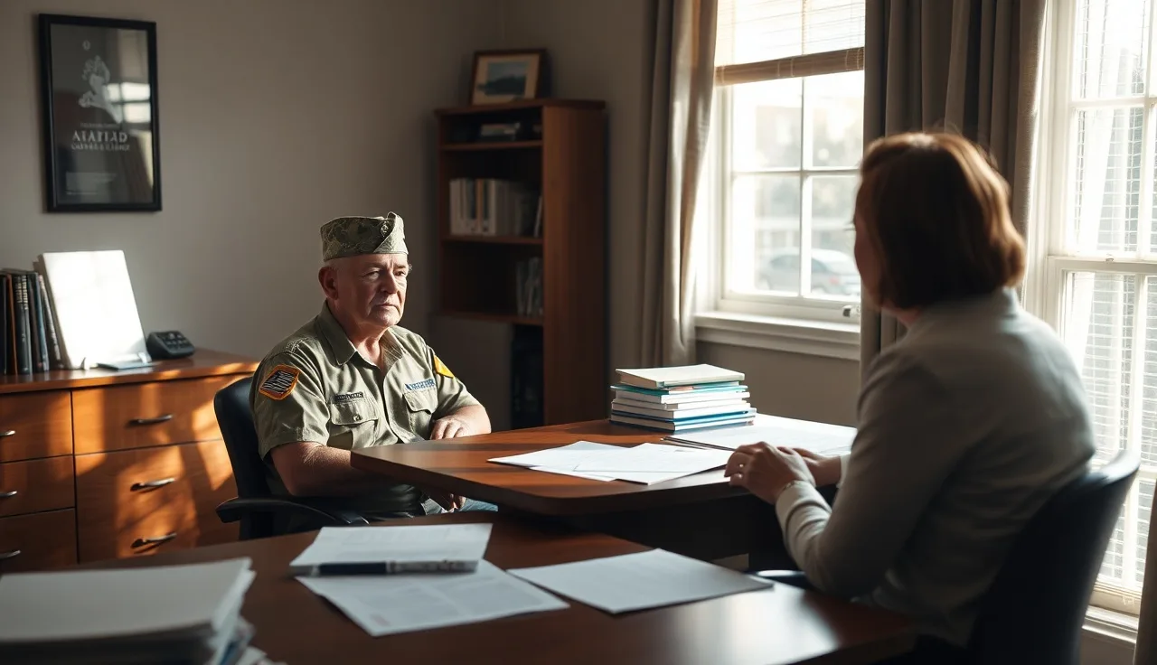 Veteran and housing counselor reviewing waitlist preference documents at office desk