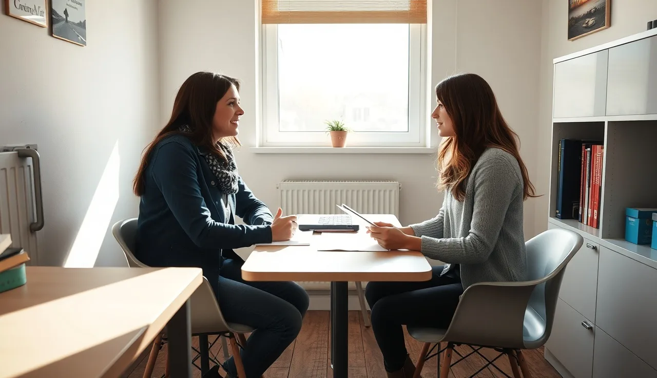 A caseworker listening to a housing applicant in a community services office