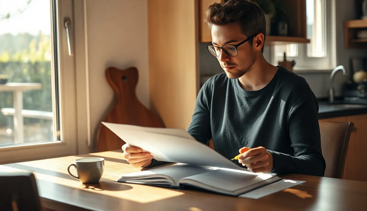 Person organizing documents at a kitchen table while waiting for housing voucher