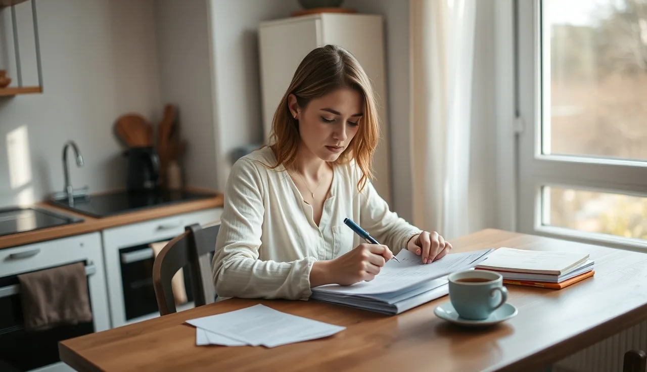 Woman filling out housing assistance application forms at a kitchen table