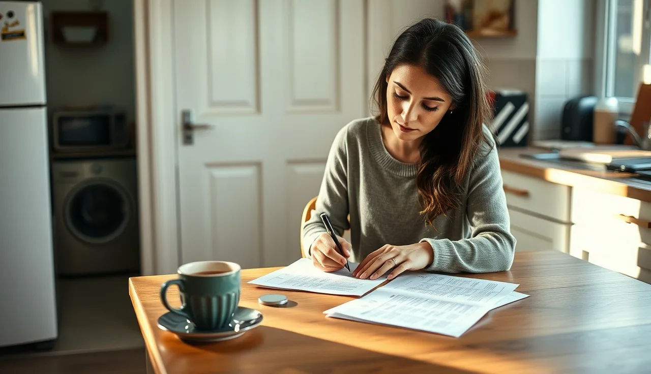 Woman filling out housing application forms at kitchen table in morning light