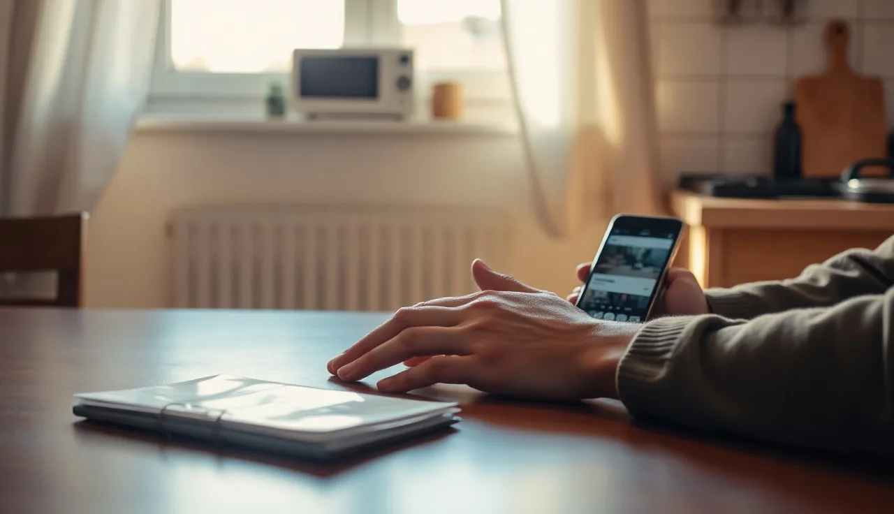 Person at kitchen table with documents and phone applying for rental assistance