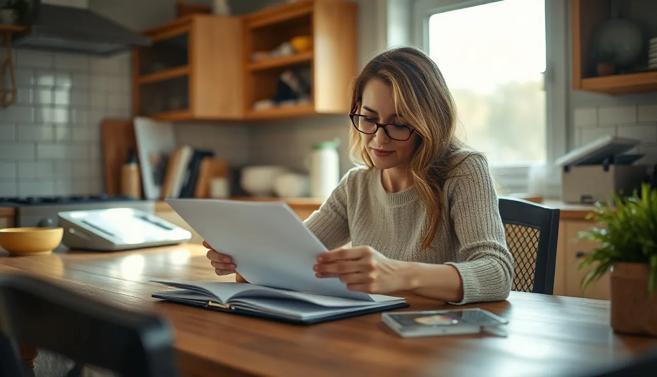 Woman completing housing assistance paperwork at a kitchen table with documents