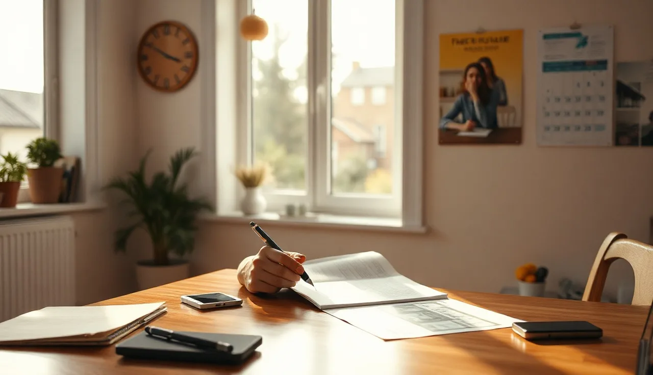 Person reviewing housing documents and calendar at kitchen table in morning light