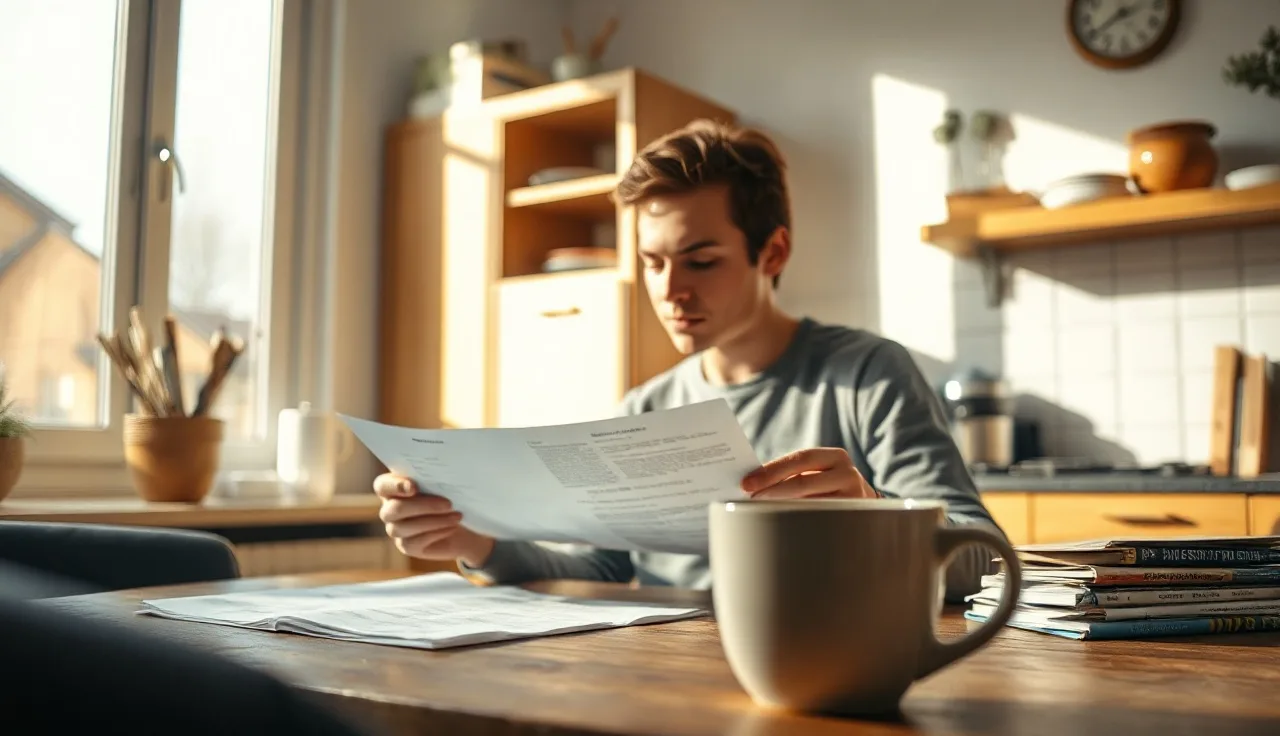 Person reviewing housing application papers at a kitchen table in natural light