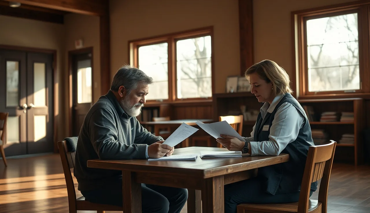 Person and case manager reviewing housing documents at shelter intake table