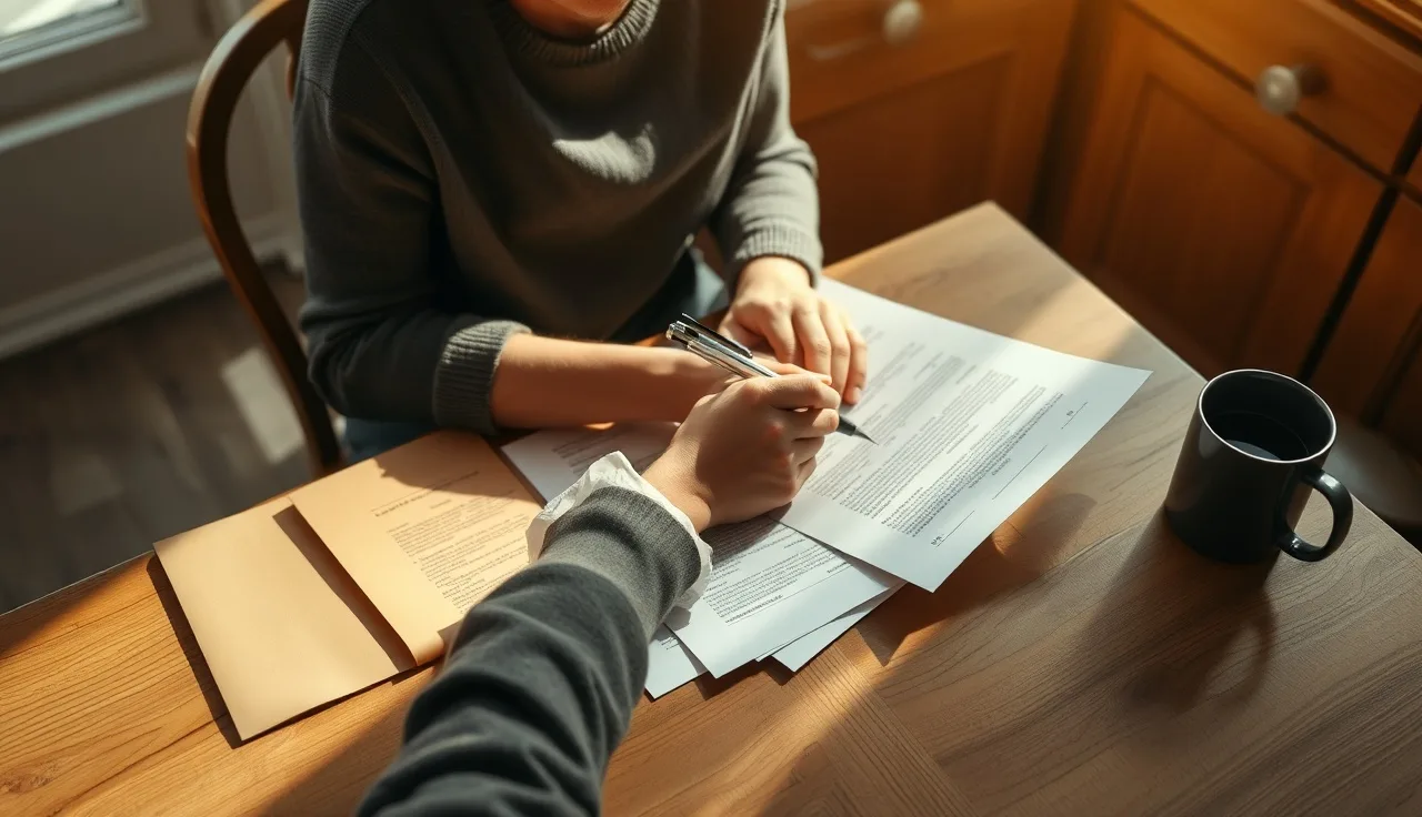 Person organizing paper documents at a wooden table to prove waitlist update