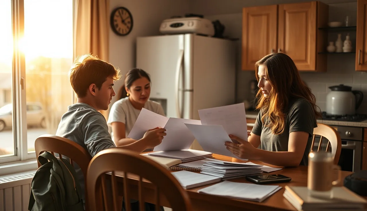 Family reviewing low income housing paperwork at kitchen table in modest apartment