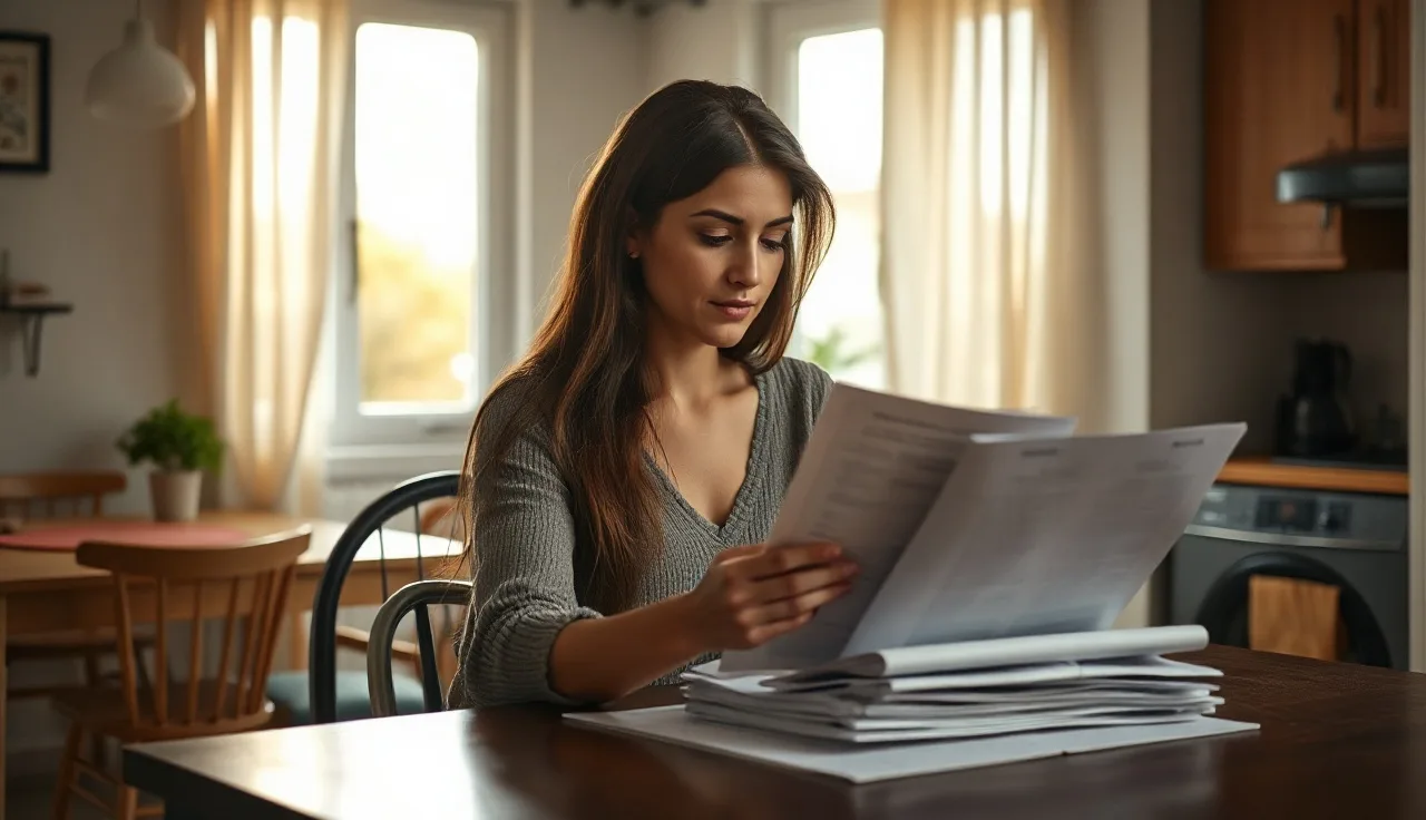 Woman reviewing housing assistance paperwork at kitchen table, Section 8 application process