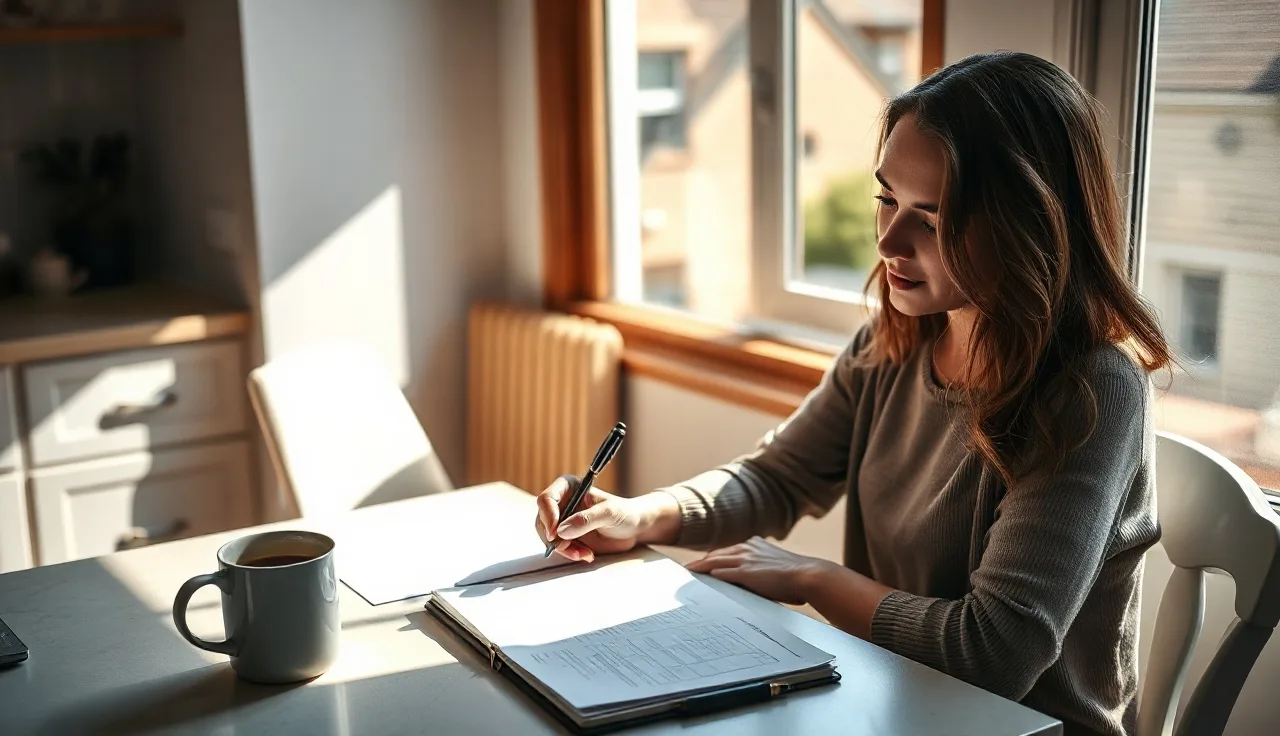 Woman reviewing Section 8 housing application paperwork at a kitchen table