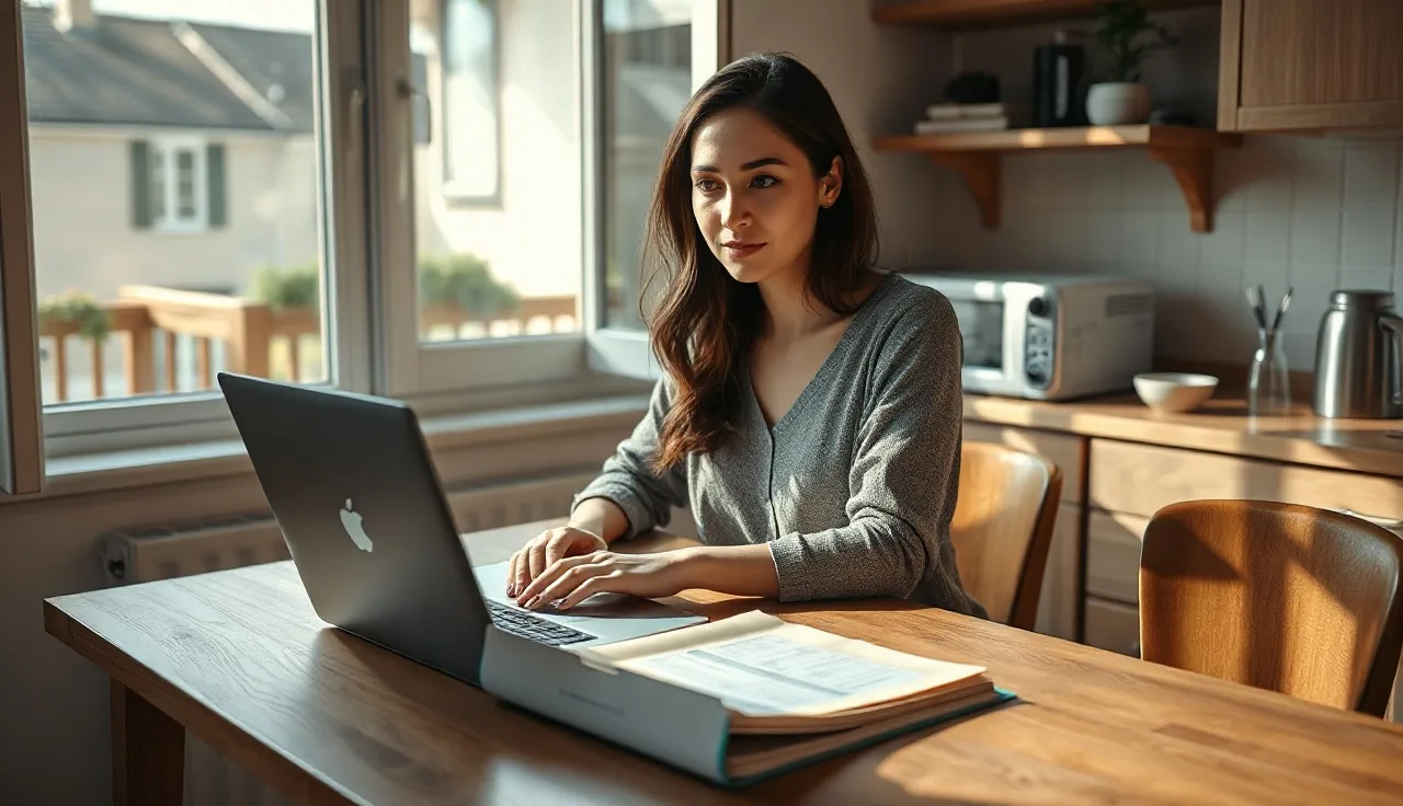 Woman at kitchen table with laptop and documents applying for housing assistance