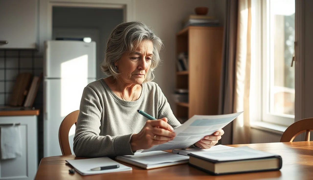 Woman reviewing housing application documents at a kitchen table in morning light