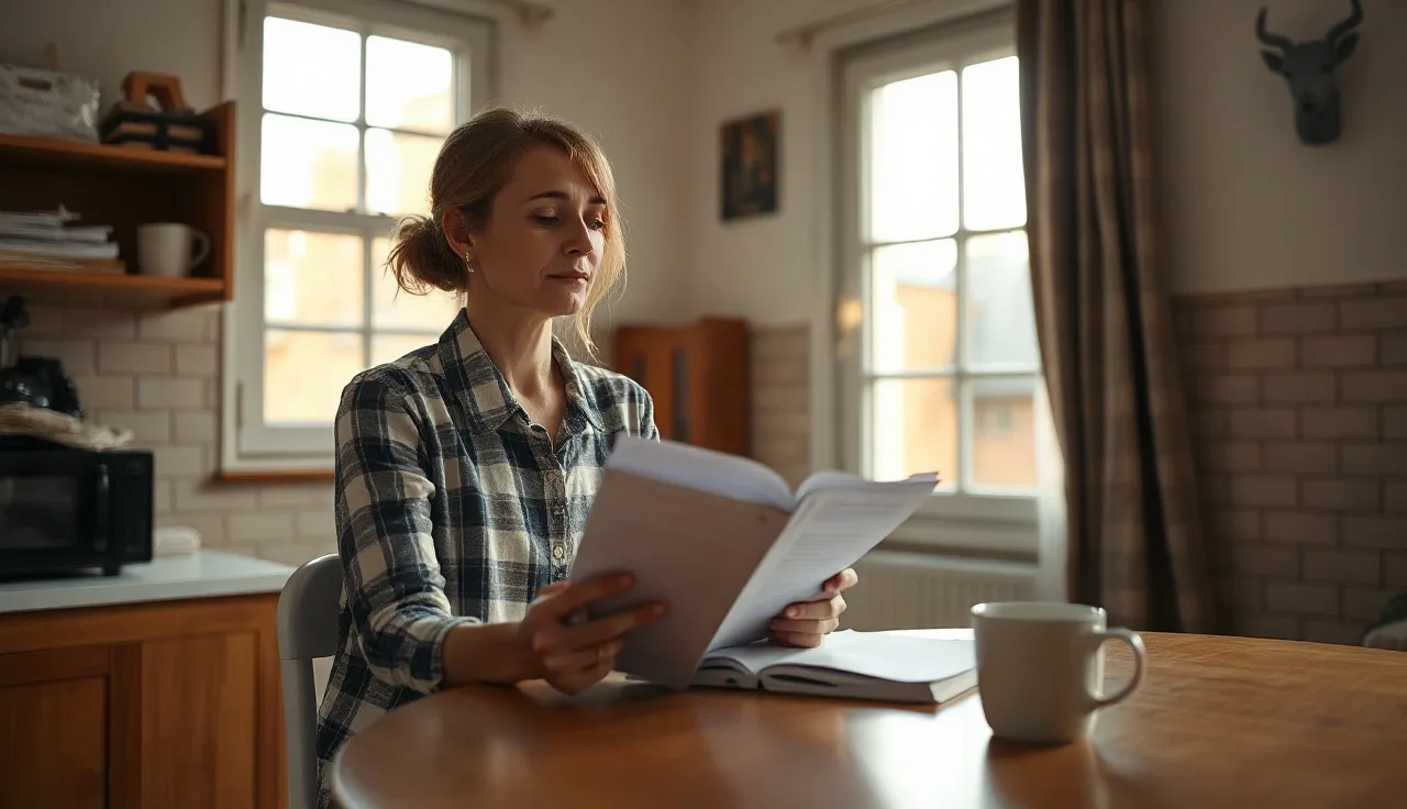 Woman reviewing housing assistance paperwork at a kitchen table in afternoon light