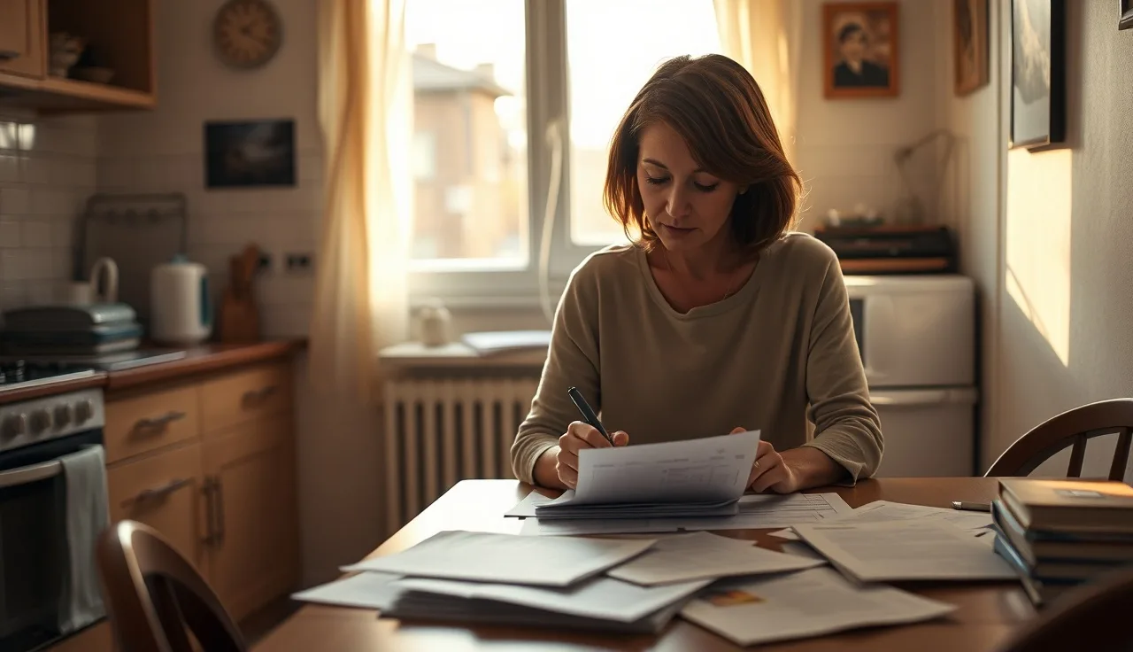 Woman filling out housing assistance paperwork at a kitchen table in morning light