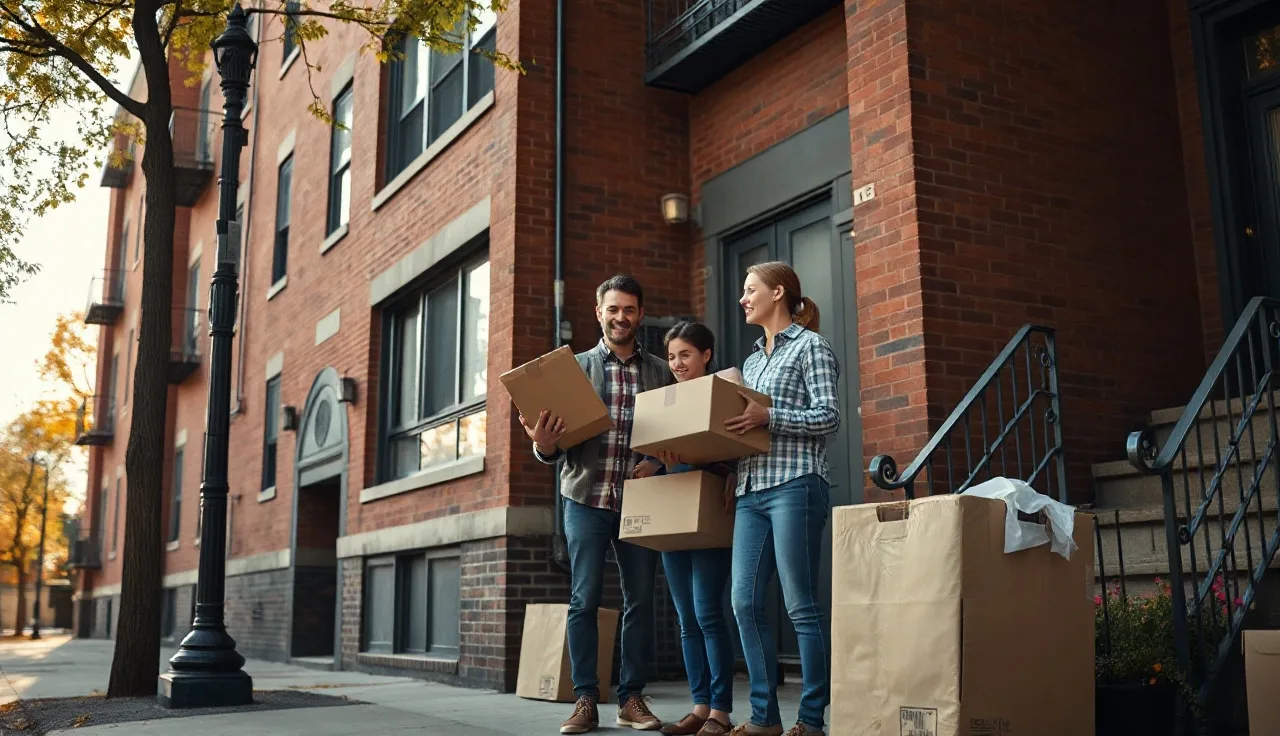A family with moving boxes outside a brick apartment building in Chicago