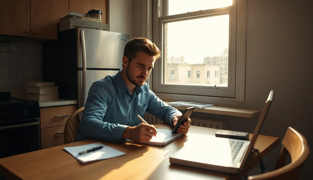 Person reviewing housing paperwork at a kitchen table in a NYC apartment