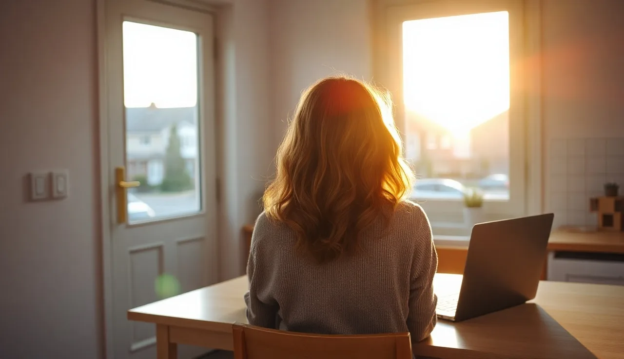 Woman searching section 8 waitlist information on laptop at home kitchen table