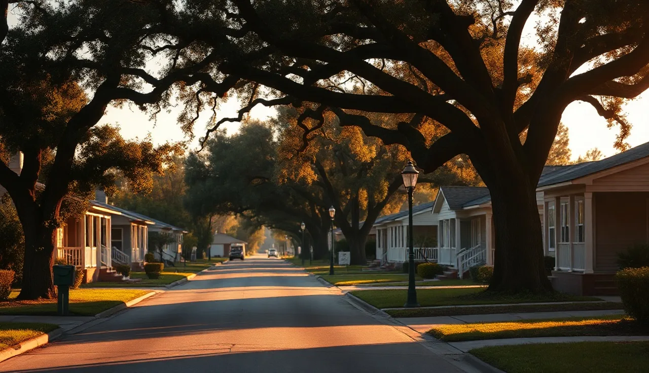 Quiet suburban street with modest homes in Jefferson Parish Louisiana afternoon light