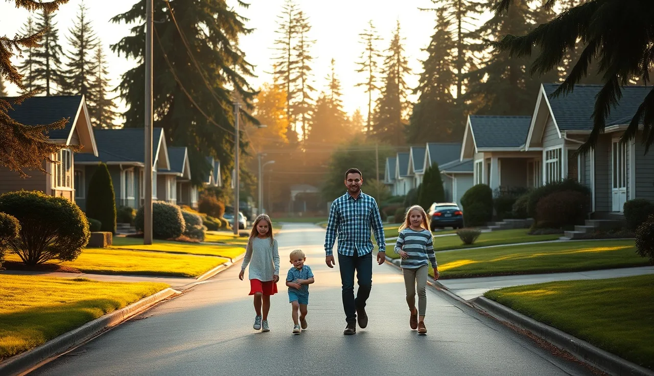 Family walking past modest homes on a residential street in King County Washington