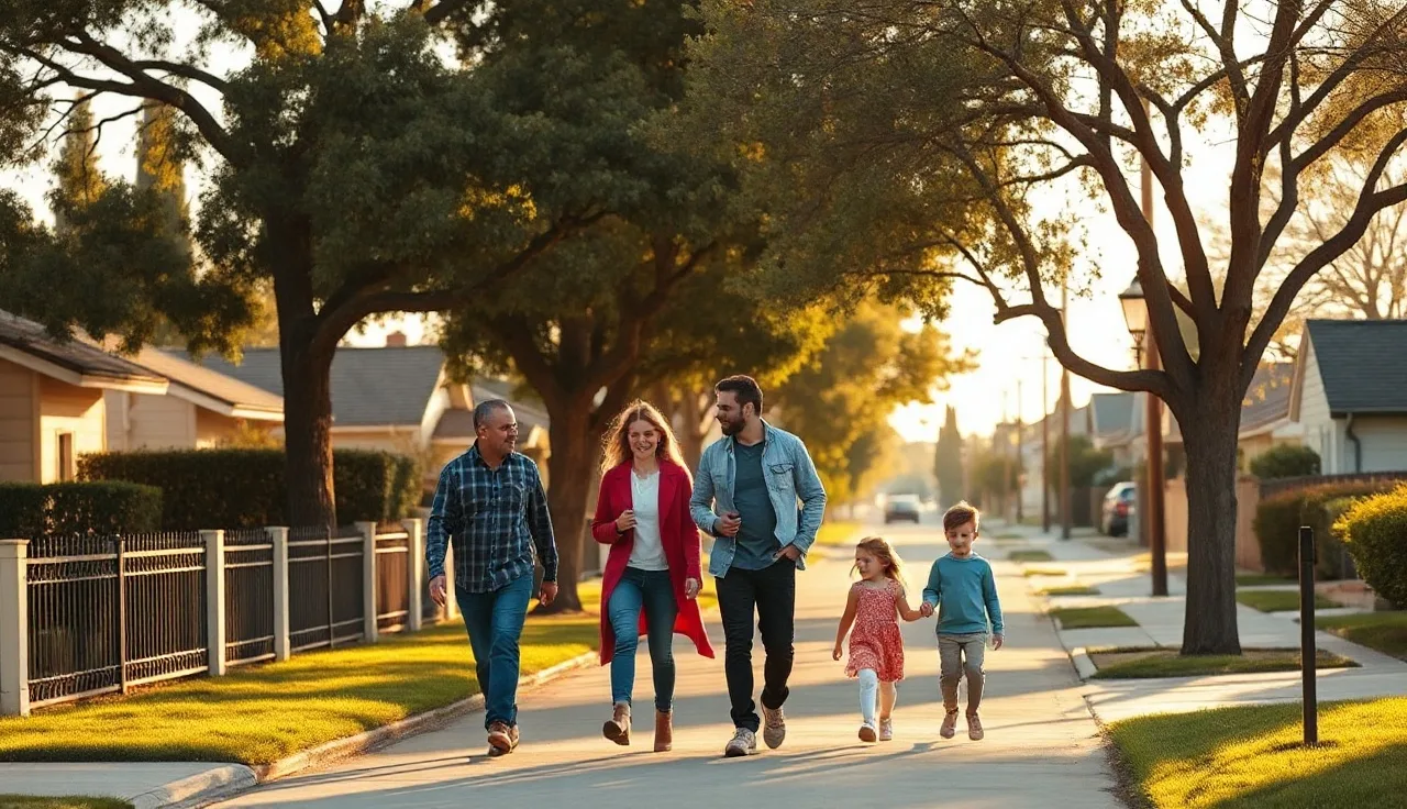 Family walking along a residential street in Long Beach under afternoon sunlight