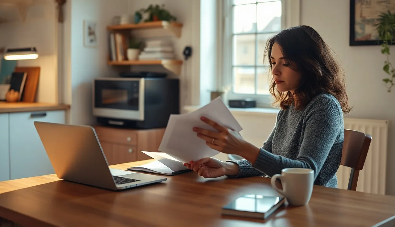 Woman reviewing housing documents at kitchen table while searching for section 8 housing