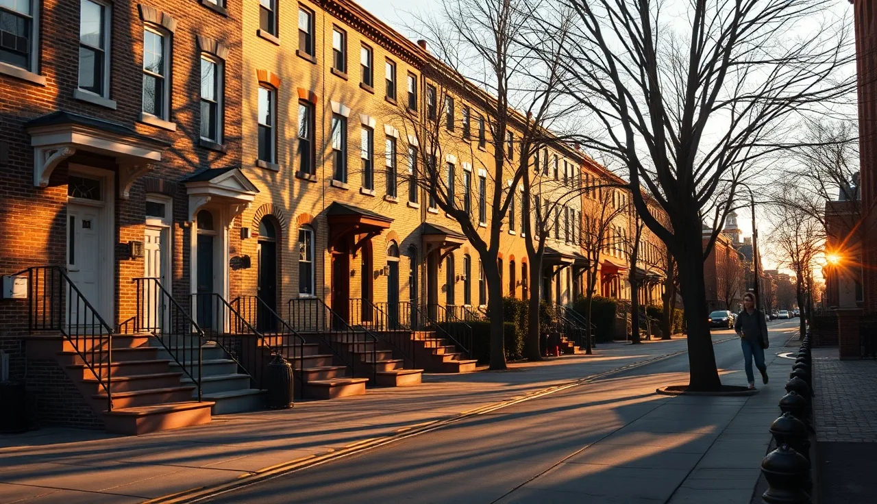 Philadelphia rowhouse block with brick facades and front stoops in afternoon light