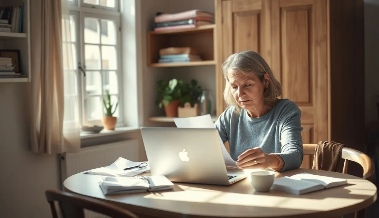 Woman at kitchen table reviewing low-income housing paperwork in a modest apartment