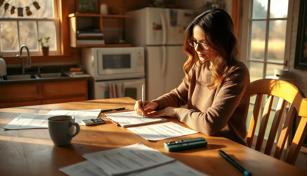 Woman completing housing assistance paperwork at a kitchen table in Michigan