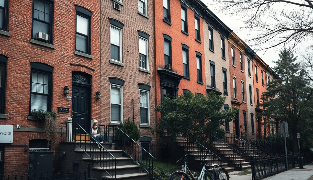 Woman sitting on Brooklyn apartment building steps with housing papers, overcast morning
