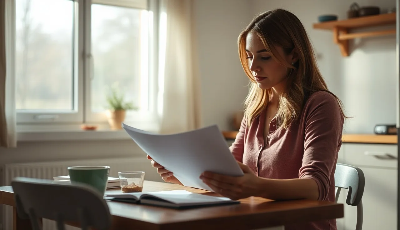 Woman reviewing housing documents at kitchen table while waiting for section 8