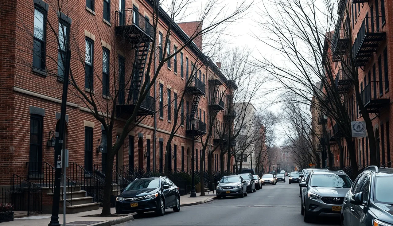 Brick apartment buildings on a quiet Port Chester New York residential street