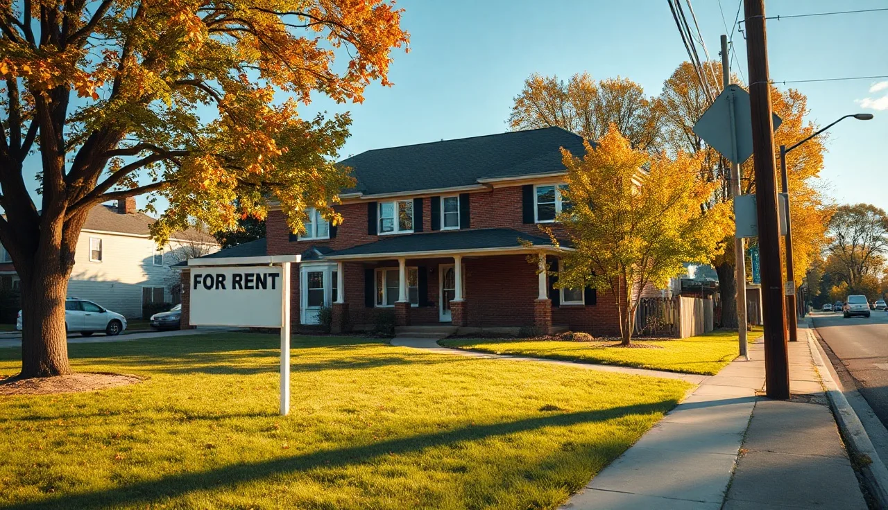 Brick rental home on a quiet Porter County Indiana residential street in autumn