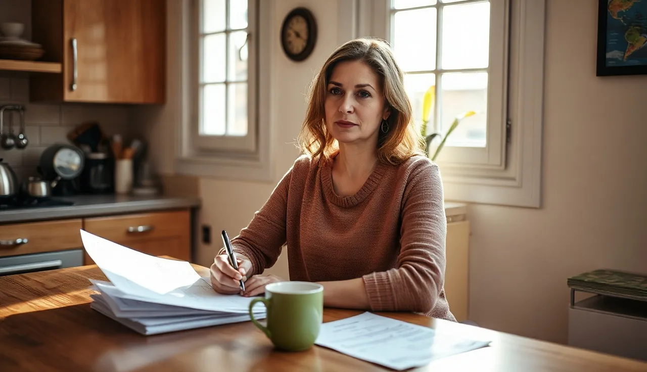 Woman filling out housing assistance application forms at a kitchen table