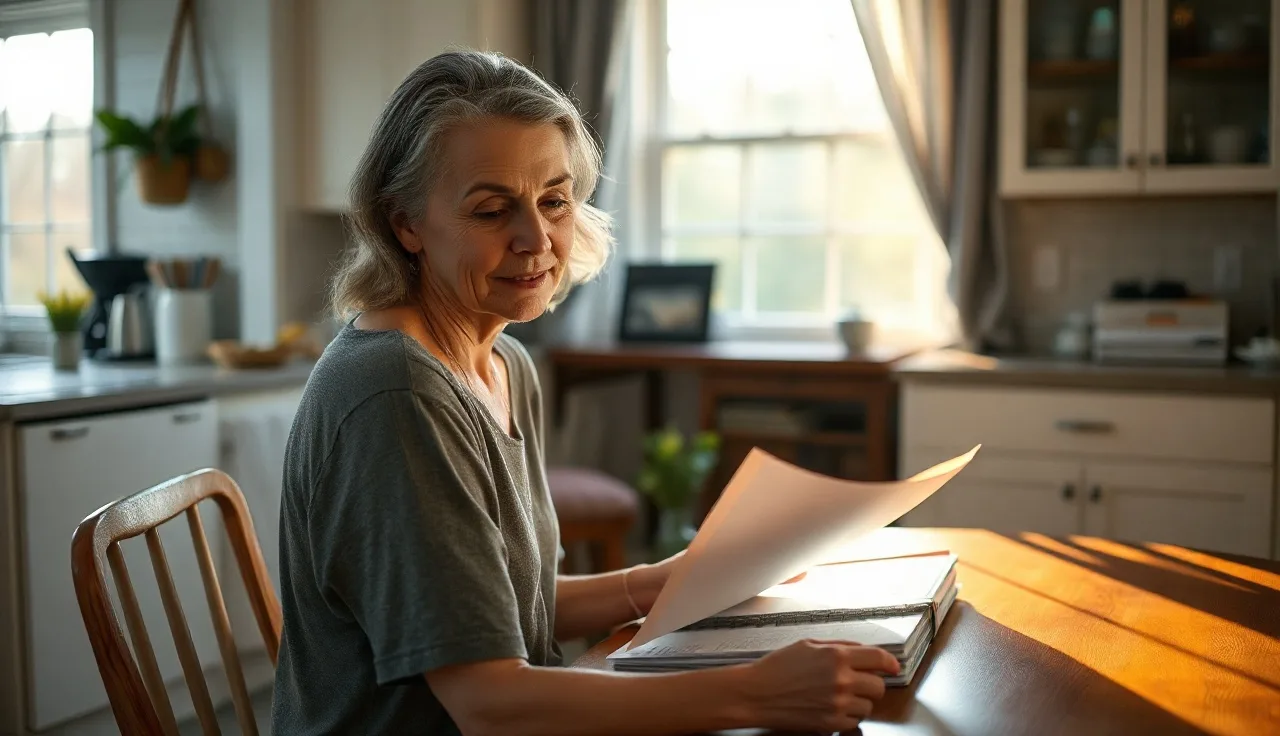 Woman reviewing housing documents at a kitchen table in Georgia