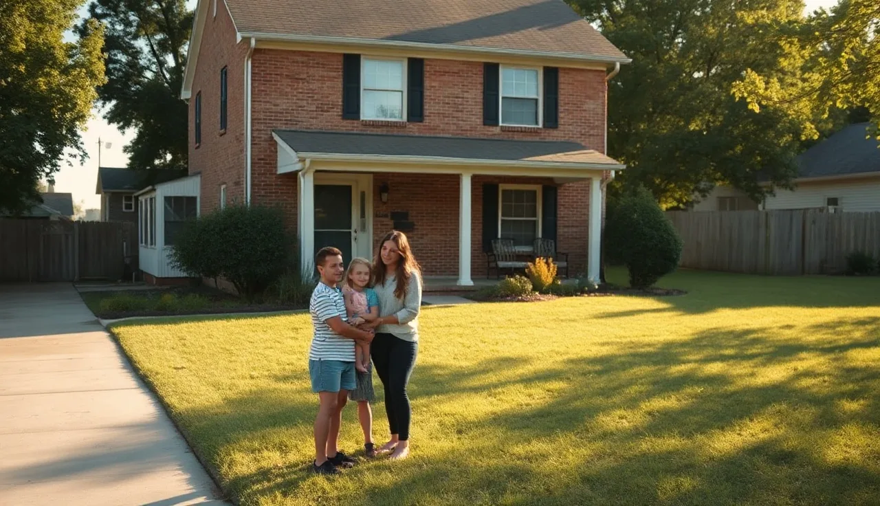 Family standing outside a brick rental home in a Kentucky neighborhood