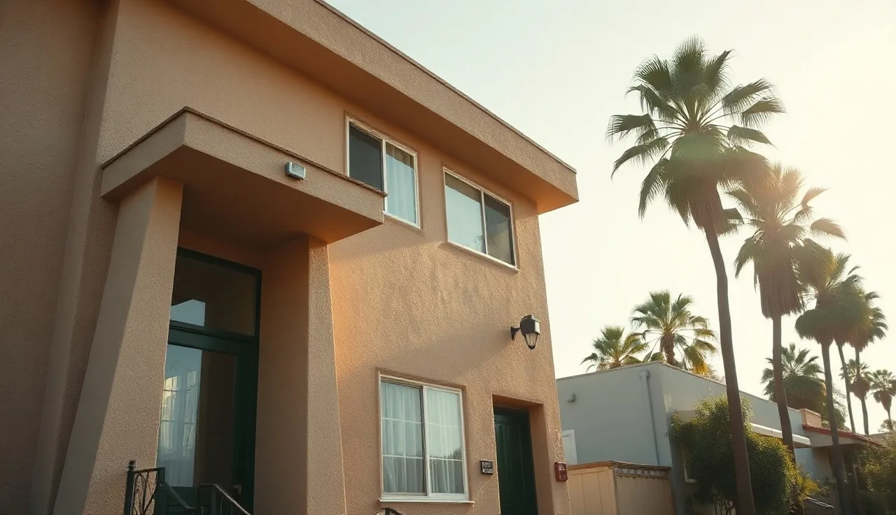 Los Angeles apartment building exterior on a sunny morning with palm trees