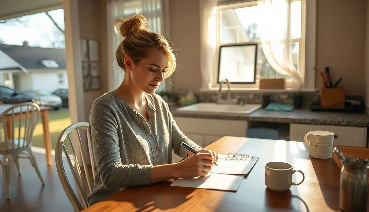 Woman filling out housing assistance paperwork at a kitchen table in South Carolina