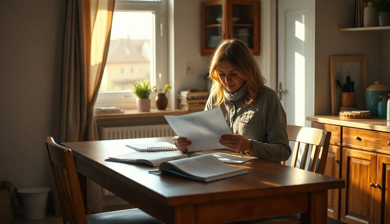 Woman reviewing Section 8 housing application documents at a kitchen table in Tennessee