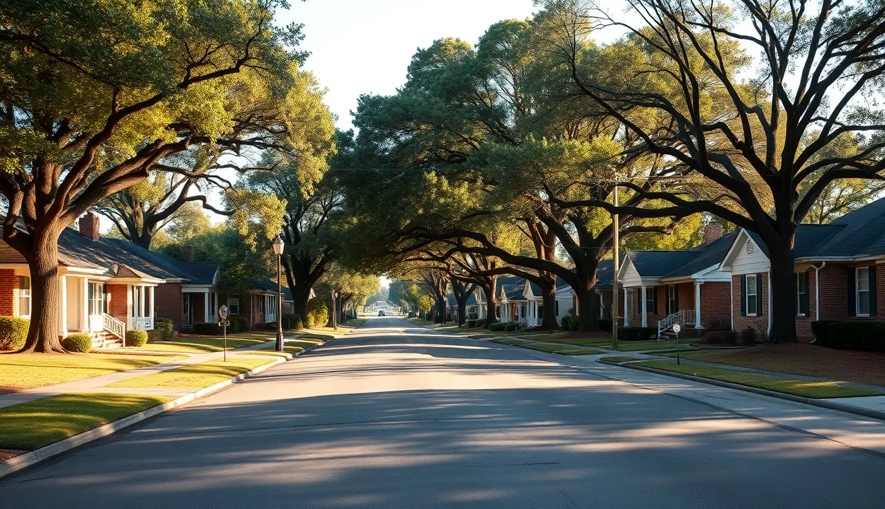 Quiet Atlanta residential street with brick homes and oak trees in afternoon light