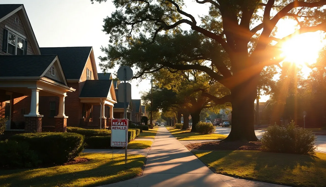 Sunlit Atlanta residential street with brick bungalows and a rental yard sign