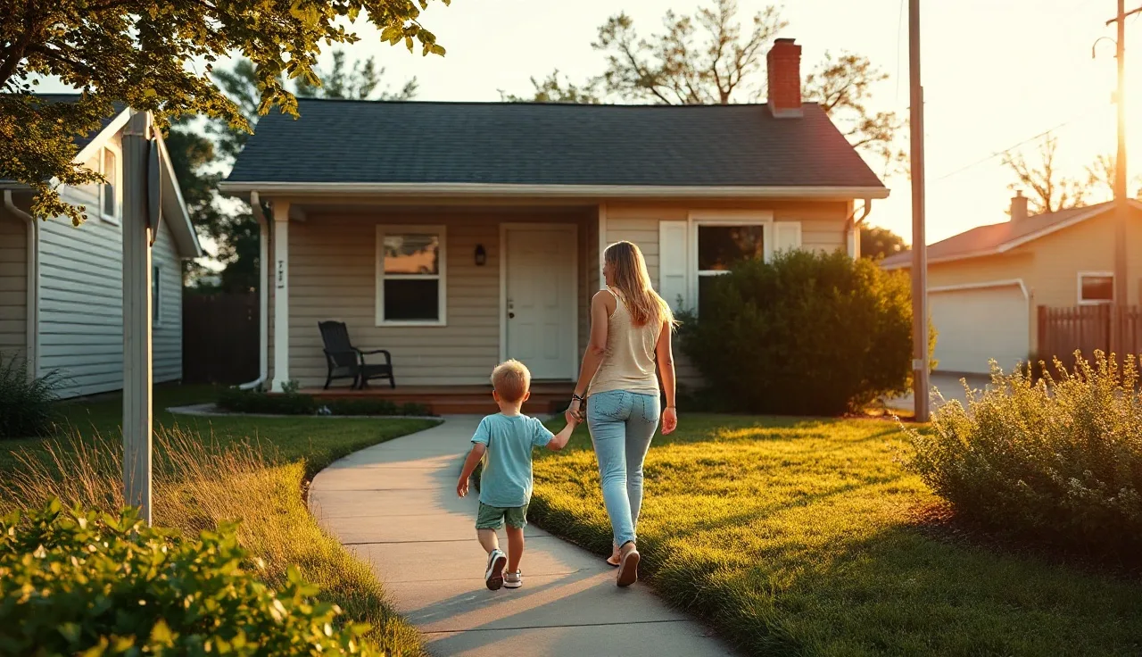 Single mother and two children approaching front door of rental house at sunset