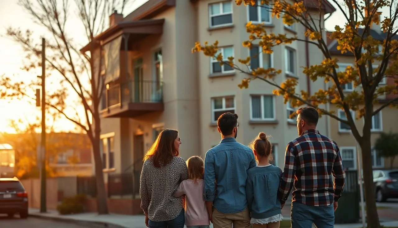 Family standing outside a residential apartment building waiting for Section 8 housing