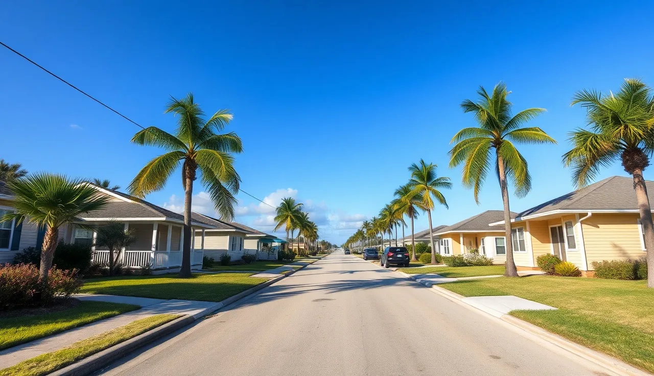 Quiet residential street with single-story homes in Port Charlotte Florida