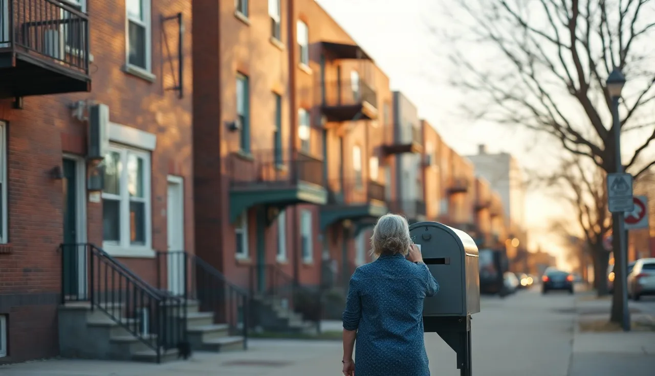 Newark NJ brick apartment buildings on a residential street with a woman checking her mailbox