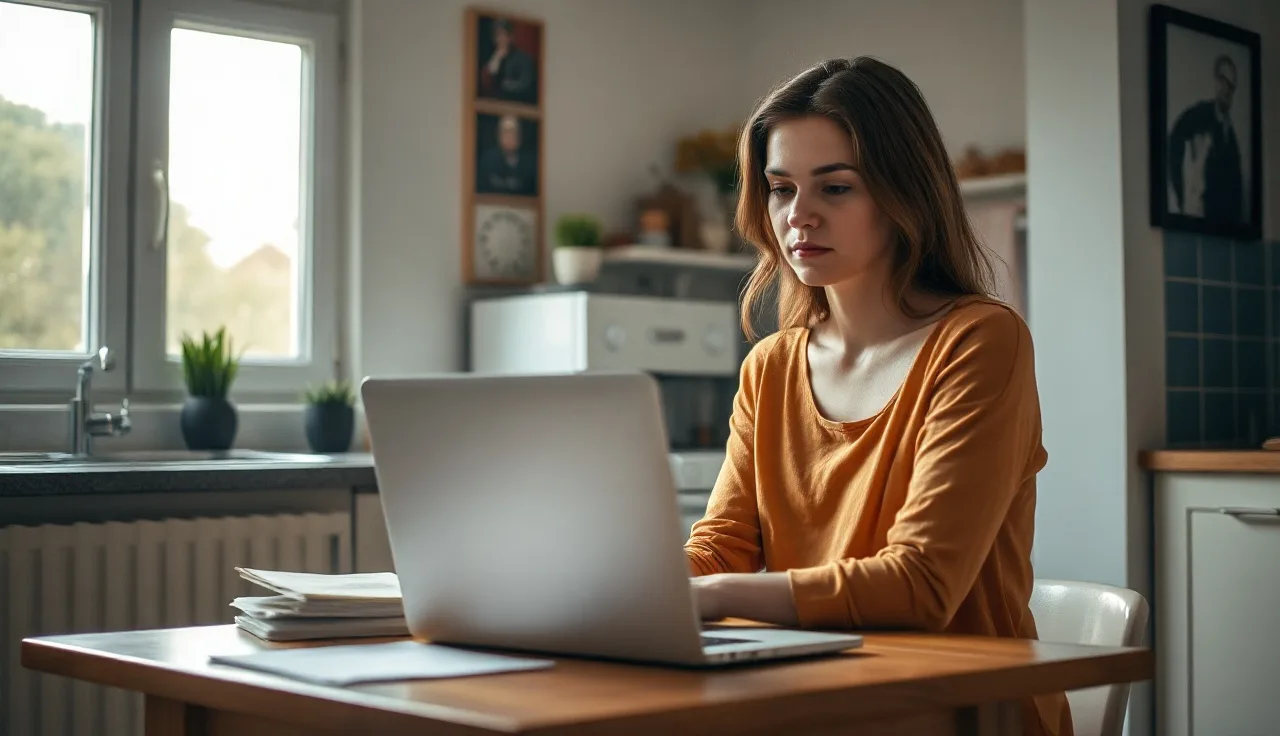 Woman reviewing section 8 portal application on a laptop at home