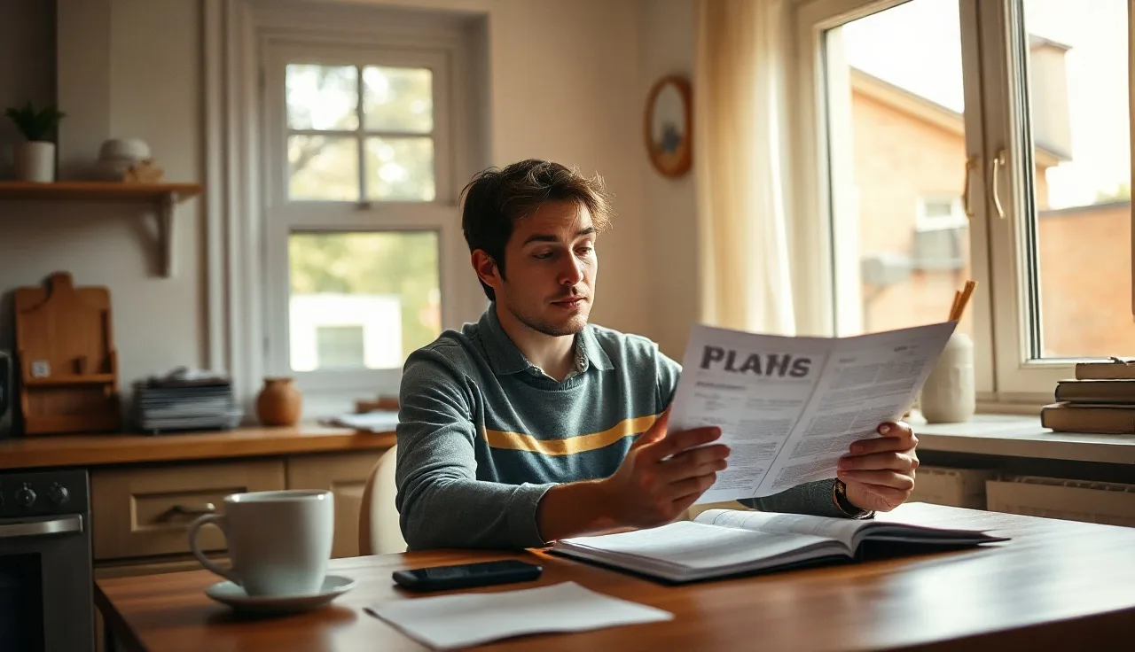 Person reviewing housing assistance papers at a kitchen table in a modest apartment