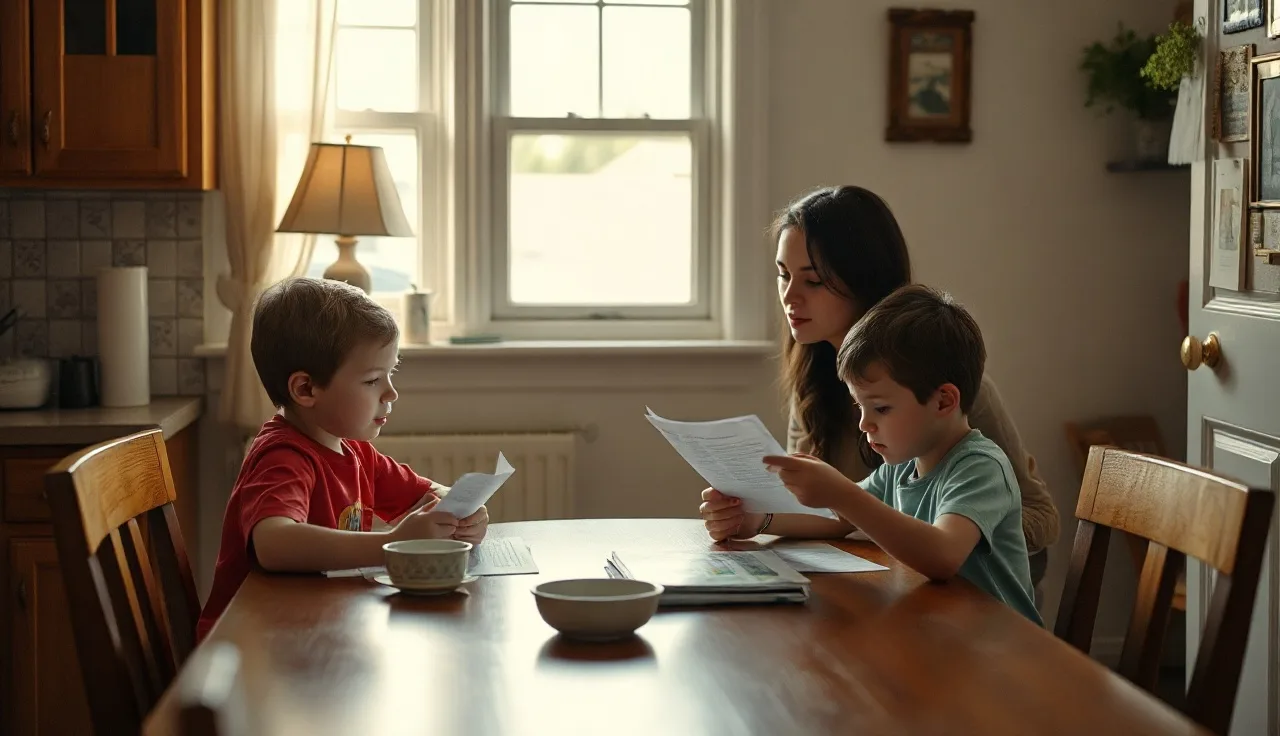 Mother and children reviewing housing documents at a kitchen table in a Tennessee apartment