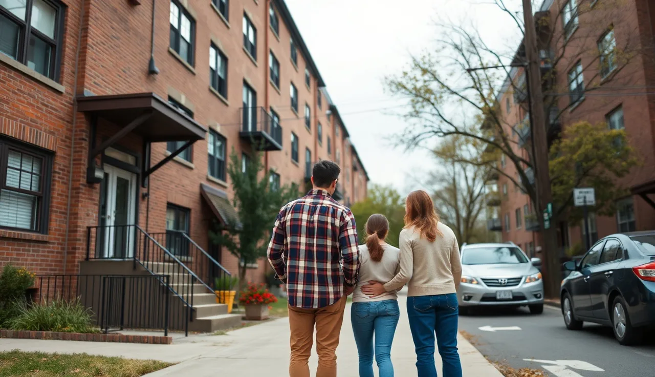 Family outside a brick apartment building on a Virginia residential street